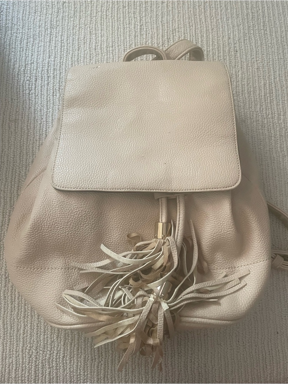 Beige Leather Tassel Drawstring Backpack - Women b28